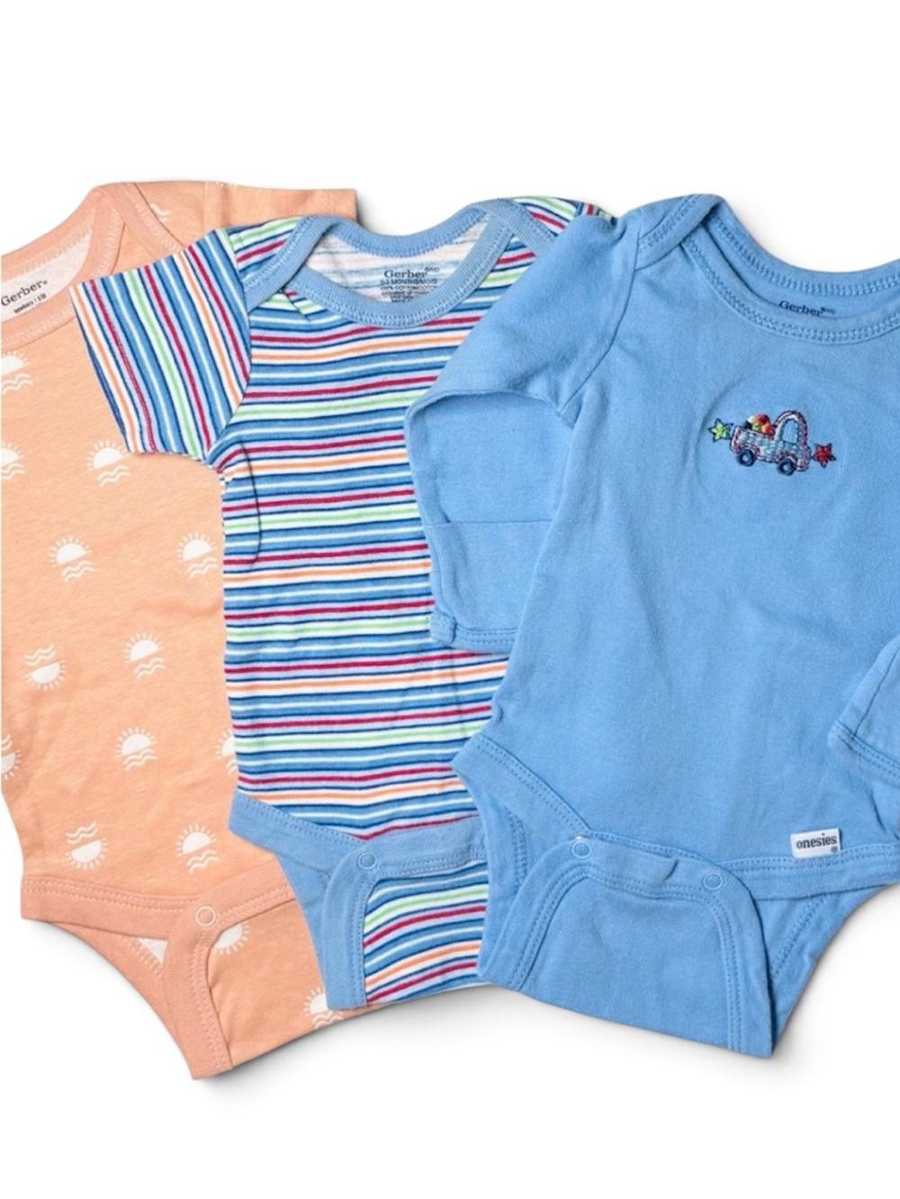 Gerber Onesies Whimsical Truck & Rainbow Stripe Bodysuit Bundle 3pcs NB 0-3M